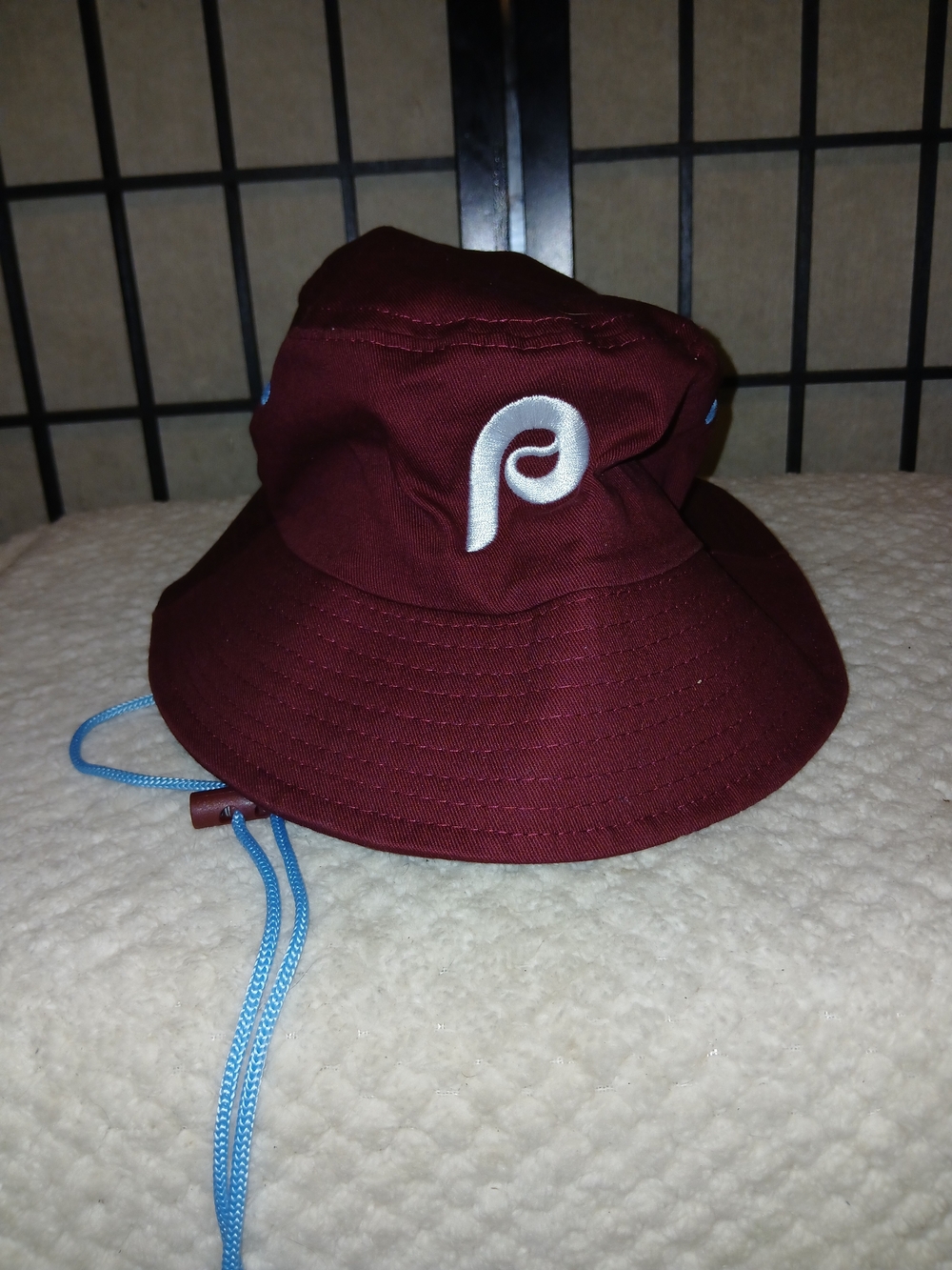 Maroon Bucket Hat with Light Blue Chin Cord